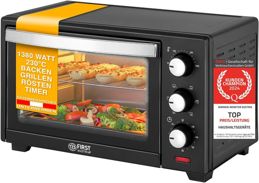 TZS First Austria Minioven I 1380W I Roestvrij staal I Dubbel glas I Temperatuurbereik: tot 230 °C I 19l inhoud I 60 min timer I 5,8kg I Zwart RUIMTE 20 LITRE OVEN: De grote ovenholte van 20 liter biedt genoeg ruimte voor je dagelijkse kook- en bakbehoeft