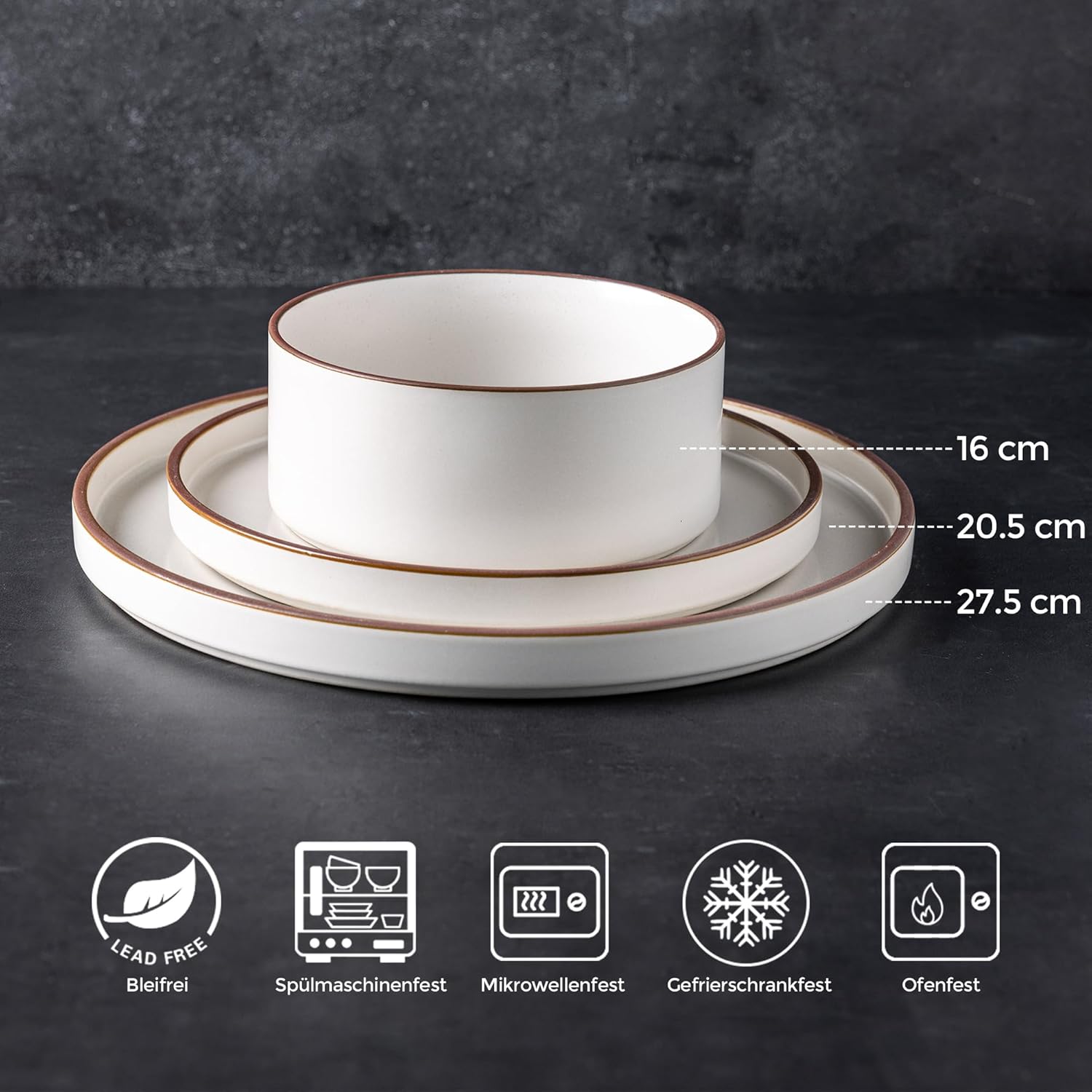 LeRatio Diner Set voor 6, 18-delige set borden en kommen van aardewerk, chip- en krasbestendig serviesset, oven- en vaatwasser- en magnetronbestendige serviesset (gespikkelde zwart-witte rand, servies LeRatio Diner Set voor 6, 18-delige set borden en komm