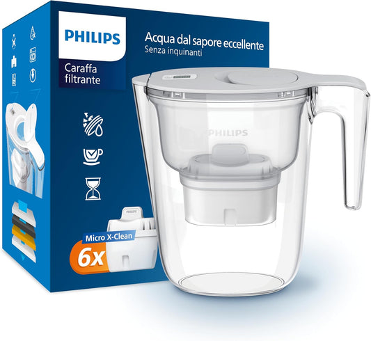 Philips Waterfilterkan + 6 Micro X-Clean vervangende filterpatronen, snelle stroom, wit, 2,6 liter, elektronische timer, verpakking kan variëren PHILIPS MICRO X-CLEAN FILTER POWER: Vermindert effectief schadelijke stoffen zoals microplastiek, chlorine, ka