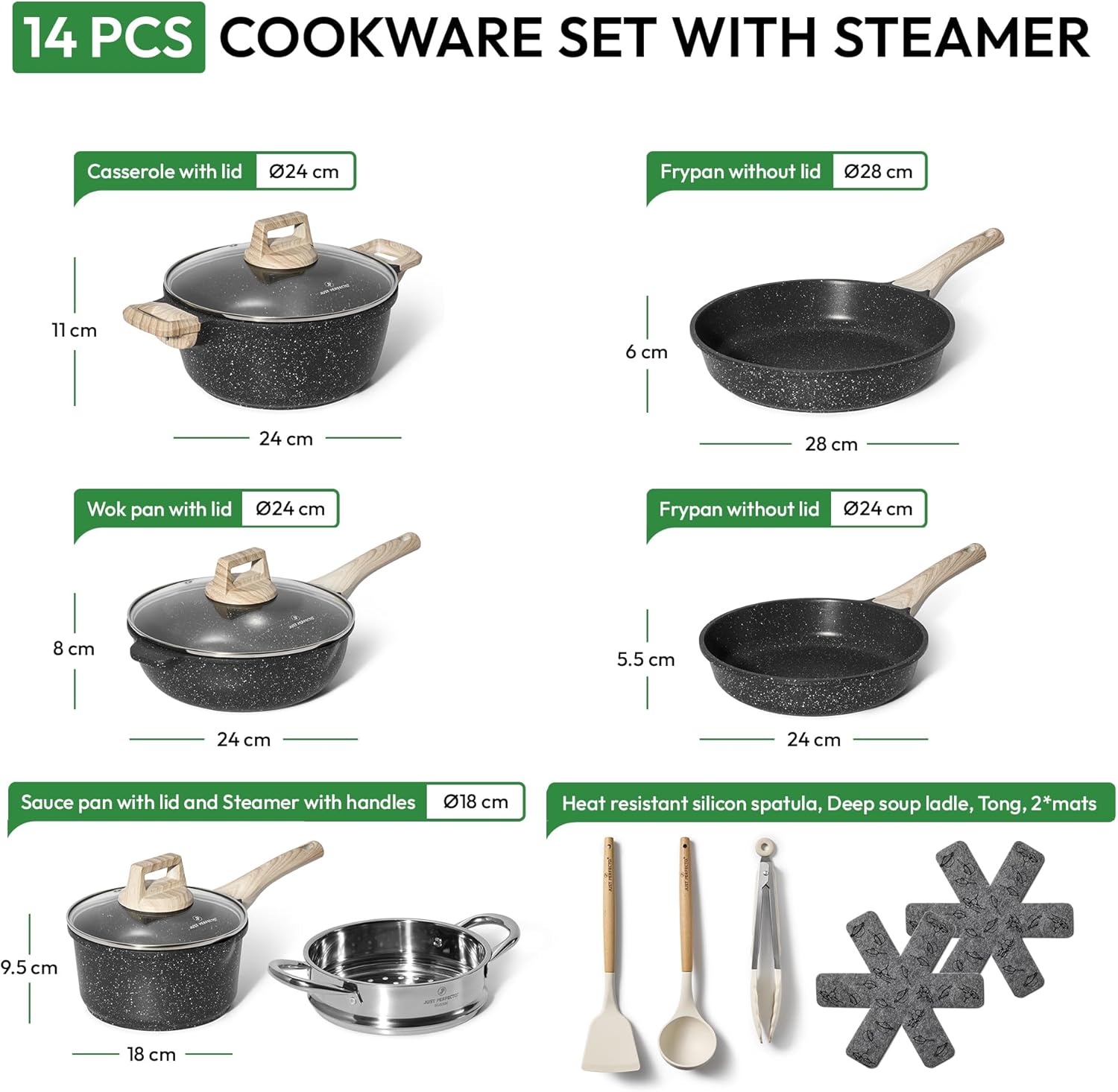 Just Perfecto Pannenset Inductie Non-Stick Pannen - Glazen Deksel Over dit item Ongeëvenaarde Kwaliteit: Onze pannensets zijn met precisie vervaardigd van hoogwaardige materialen, waaronder duurzaam roestvrij staal en innovatieve anti-aanbaklagen. Hierdoo