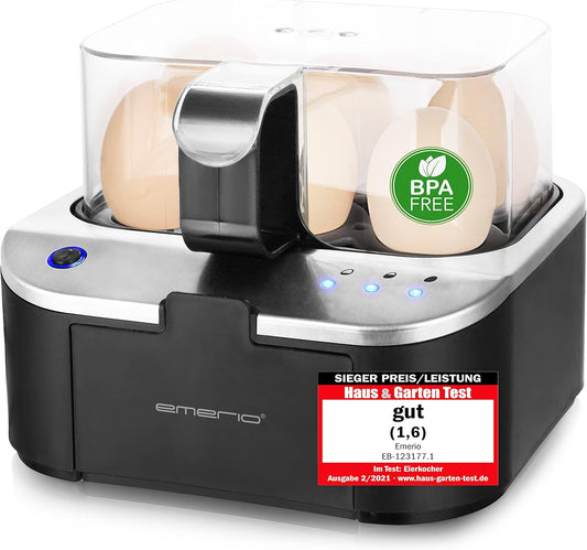EMERIO Eierkoker met licht- en spraakfunctie 400W Over dit item Volautomatische eierkoker met licht- en spraakweergave Met 400 watt is hij geschikt voor maximaal 6 eieren tegelijk. Opmerking Na het bereiken van de laatste hardheidsgraad wordt het apparaat
