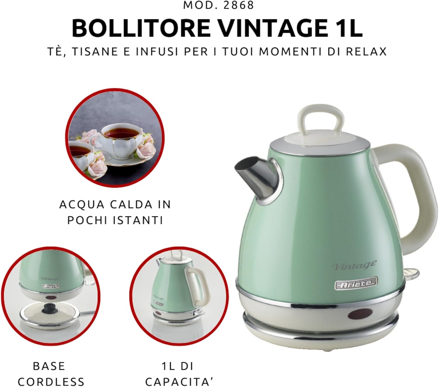 Ariete Vintage waterkoker retro draadlooz 1600 W Over dit item Krachtig: Met een inhoud van 1 liter en een vermogen van 1600 watt kan met deze vintage waterkoker je water in enkele minuten aan de kook worden gebracht om koffie en thee te bereiden. HOOGWAA