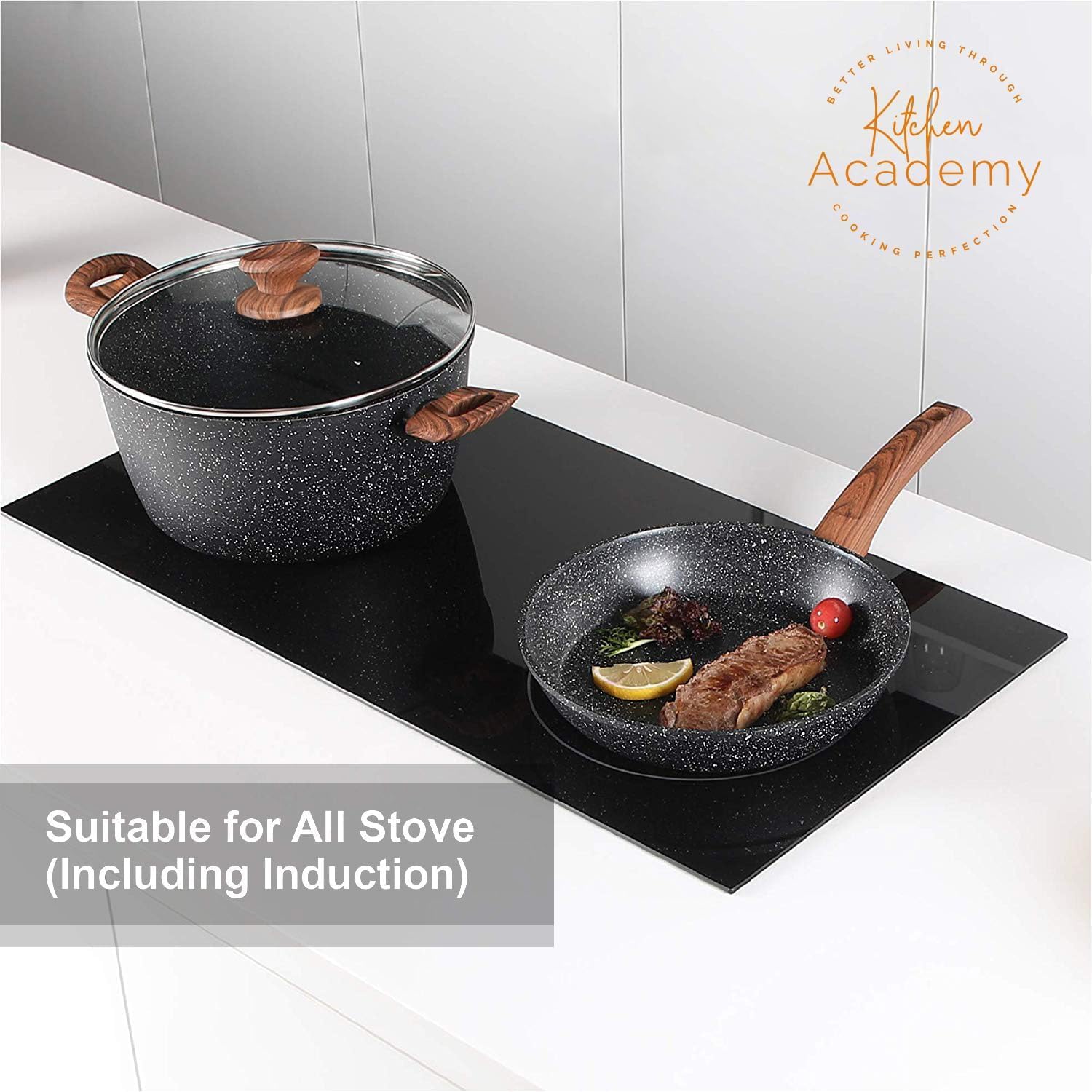 Kitchen Academy Inductie pannenset 12-delig, zwart graniet Afmetingen: 1 x pan 20 cm, 1 x pan 28 cm, 1 x koekenpan met deksel 24 cm/2,85 l, 1 x steelpan met deksel 17 cm/1,4 l, 1 x kookpan met deksel 20 cm/2,85 l, 1 x kookpan met deksel 24 cm/4,75 l, 1 x