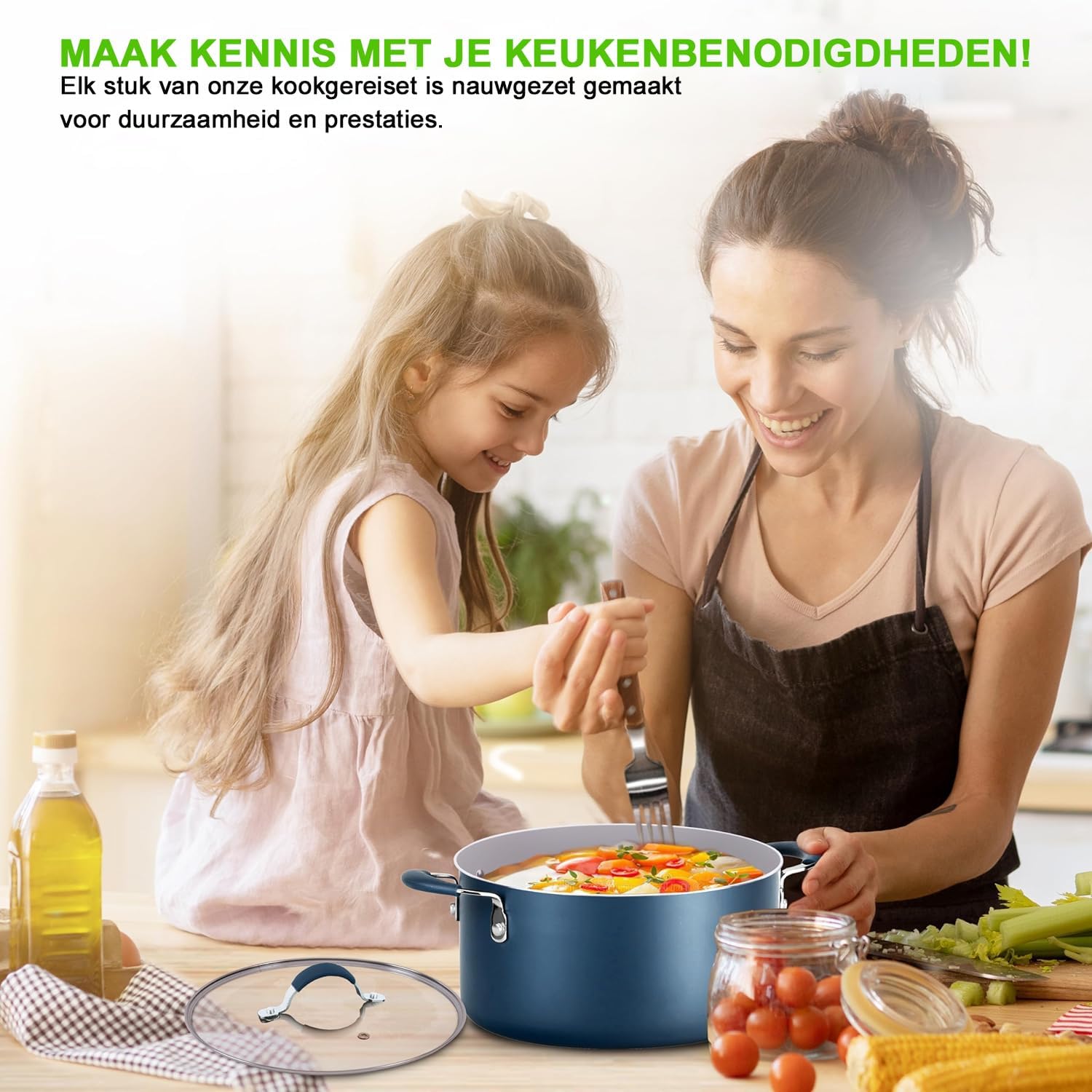 NutriChef Pannenset 14-delige Antiaanbak Kookset- Kookpannenset Over dit item 14-DELIGE SET: NutriChef biedt een 14-delige antiaanbak kookset, inclusief een sauspan van 1,4 liter en 2,4 liter met deksels, een braadpan van 4,7 liter met deksel, een grote k