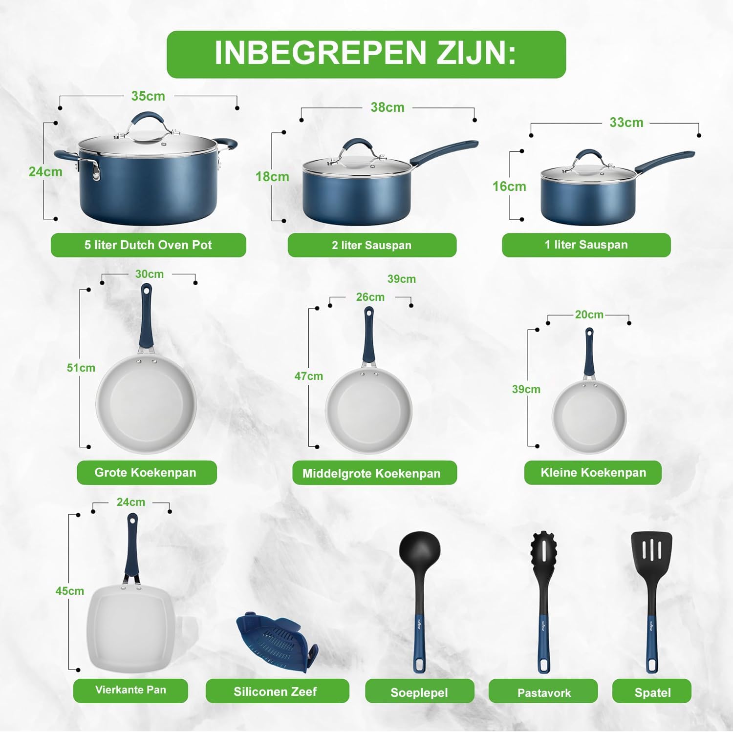 NutriChef Pannenset 14-delige Antiaanbak Kookset- Kookpannenset Over dit item 14-DELIGE SET: NutriChef biedt een 14-delige antiaanbak kookset, inclusief een sauspan van 1,4 liter en 2,4 liter met deksels, een braadpan van 4,7 liter met deksel, een grote k