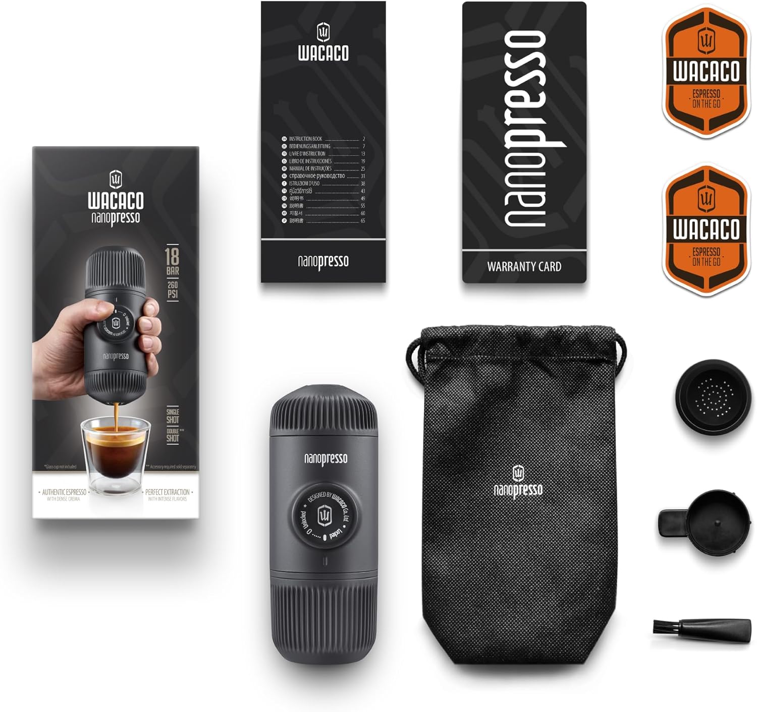 WACACO Nanopresso Draagbaar Espressomachine Over dit item Het bereiken van de perfecte espresso-opname is verre van eenvoudig. De Nanopresso werkt het beste met fijngemalen koffie die hard wordt aangedrukt. Dankzij de innovatieve constructie en eenvoudige