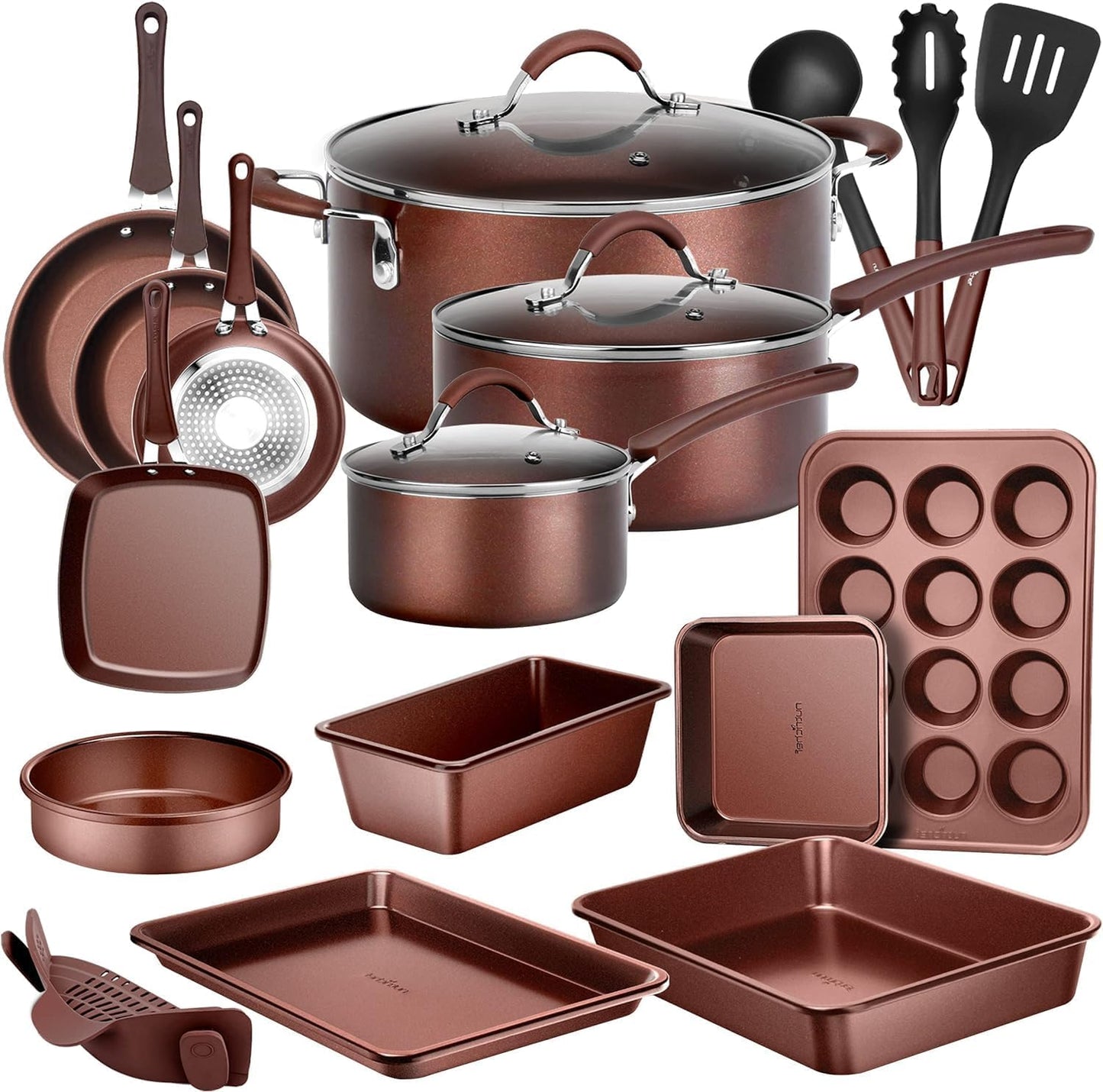 NutriChef Kookpannenset 20-delige Antiaanbak pannen en -potten met Bakgerei 20-DELIGE SET: NutriChef 20-delige antiaanbak pannenset inclusief (6) bakvormen, 3 nylon kookgerei, siliconen vergiet, 20 cm, 25 cm, 30 cm open koekenpan, 1,4 L & 2,4 L sauspan me
