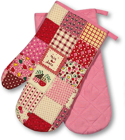Ovenwanten Kitchen, patchwork, roze, 1 paar, PSA-categorie II hittebestendig tot 250 °C, getest en gecertificeerd product Delindo Lifestyle Ovenwanten pannenlappen serie Kitchen Open handschoenen en pannenlappen voldoen aan de normen EN 21420, EN 388 en E