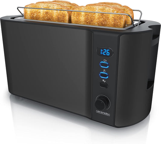 Arendo - Roestvrijstalen broodrooster met lange gleuven 4 sneden 1500 W Over dit item Toasten met comfort: Dankzij het display met resterende tijdweergave weet je precies hoe lang het huidige toastproces nog duurt. Onzeker wachten zoals bij andere apparat