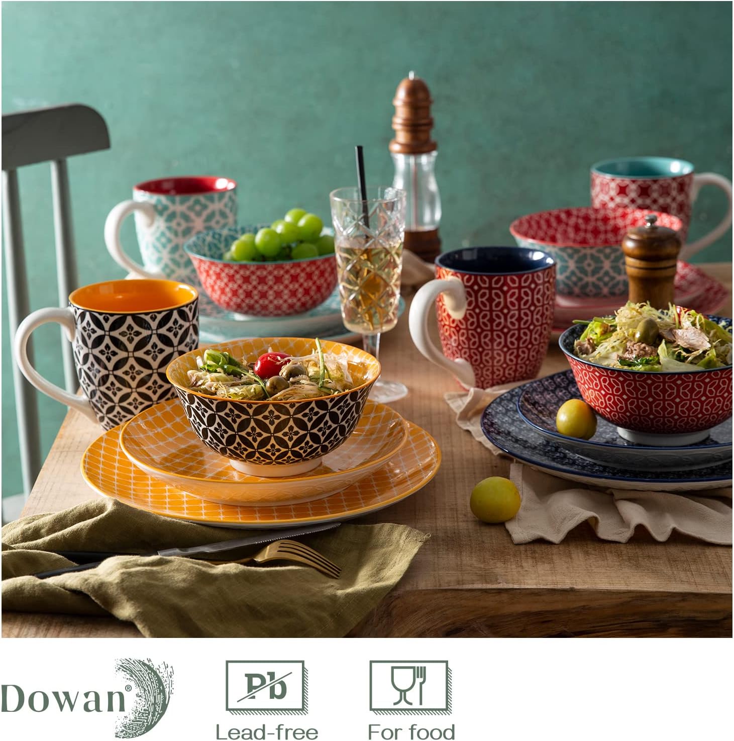 DOWAN Keramische serviessets, 16-delige serviesset voor 4, decoratieve borden en kommensets, porseleinen dinersaladeborden, mokken en soepkommen set voor keuken, housewarming cadeau DOWAN porseleinen serviesets, 16-delige schotelset, service voor 4, leven