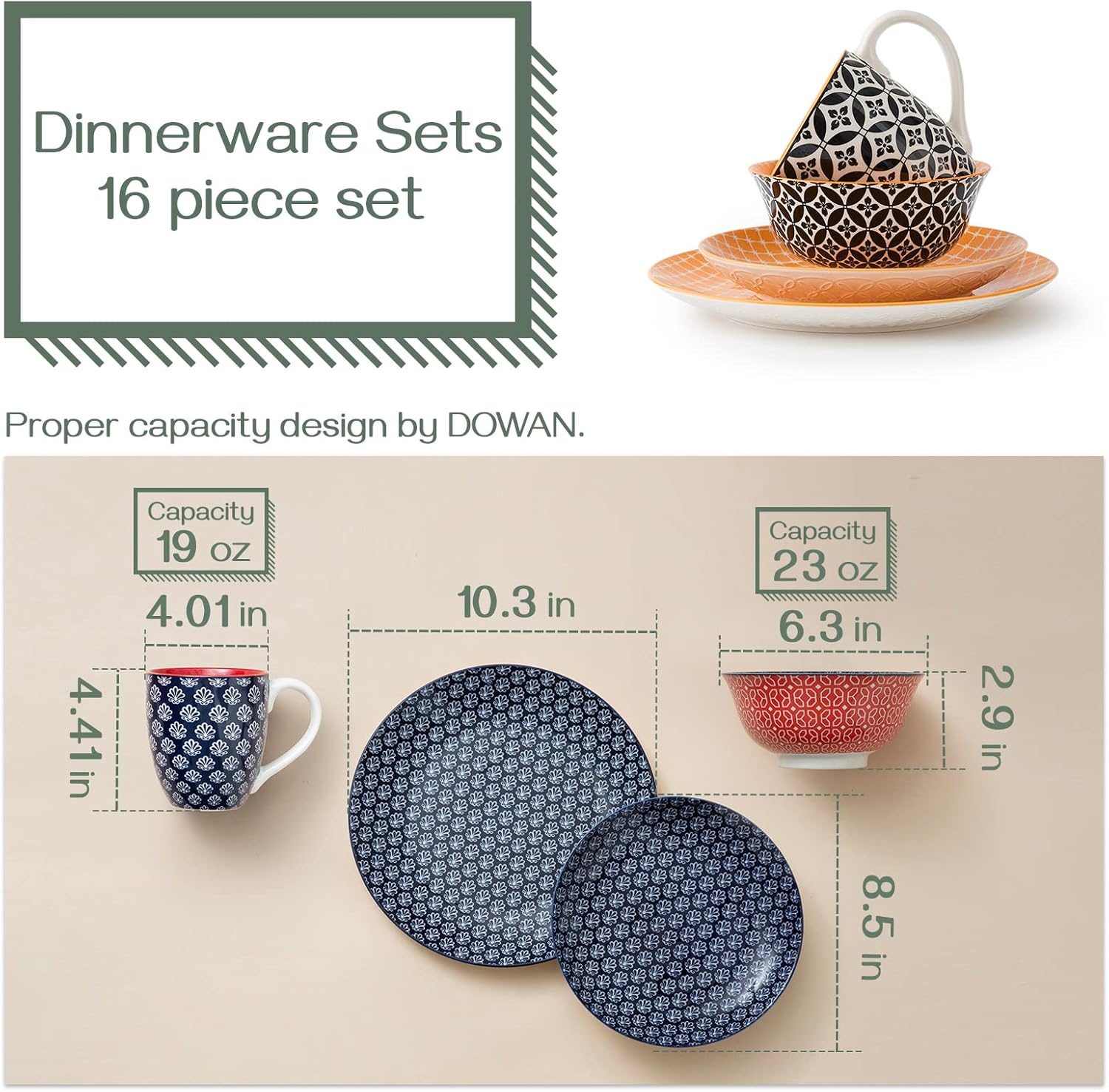 DOWAN Keramische serviessets, 16-delige serviesset voor 4, decoratieve borden en kommensets, porseleinen dinersaladeborden, mokken en soepkommen set voor keuken, housewarming cadeau DOWAN porseleinen serviesets, 16-delige schotelset, service voor 4, leven