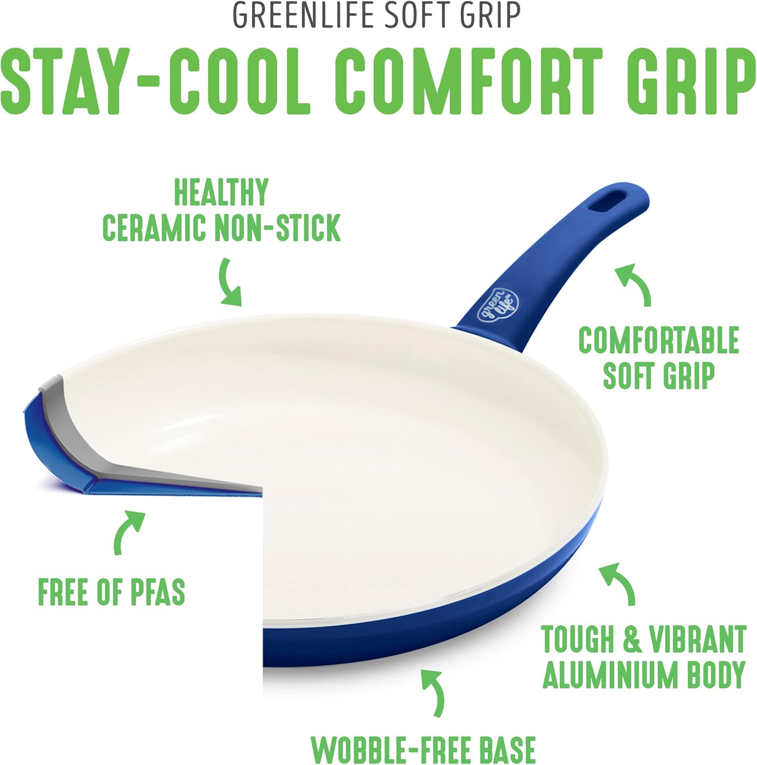 GreenLife Soft Grip Gezonde Keramische Antiaanbaklaag 16-delige Pannenset Over dit item DE POT EN PAN SET INCLUSIEF: 12 cm minikoekenpan, 18 cm en 24 cm koekenpan; 15 cm/1,1l en 18 cm/1,9l steelpan met deksel, 22 cm/4,8 kookpan met deksel, 24 cm/2,4l hapj