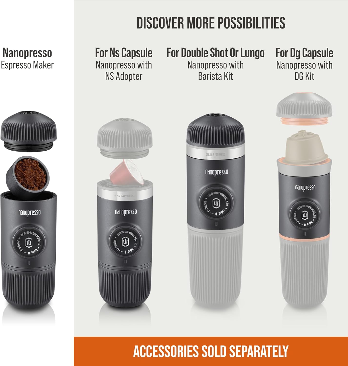 WACACO Nanopresso Draagbaar Espressomachine Over dit item Het bereiken van de perfecte espresso-opname is verre van eenvoudig. De Nanopresso werkt het beste met fijngemalen koffie die hard wordt aangedrukt. Dankzij de innovatieve constructie en eenvoudige
