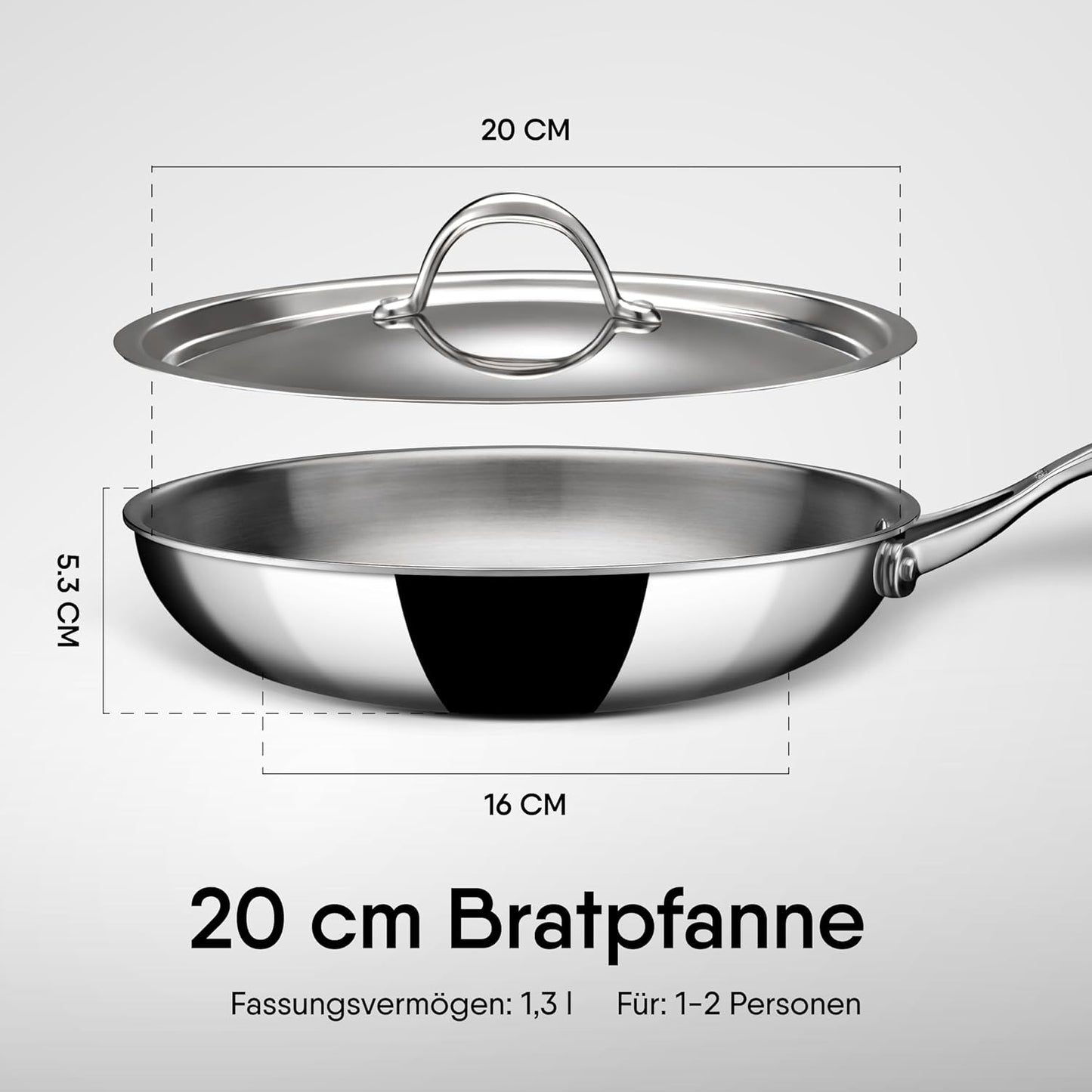 Roestvrijstalen pan met deksel diameter 20 cm, 1,3 l voor 2 personen Triply: Deze pan is gemaakt met een speciale drielaagse constructie die uitstekende warmtegeleiding en duurzaamheid garandeert, terwijl het contact van voedsel met aluminium voorkomt, wa