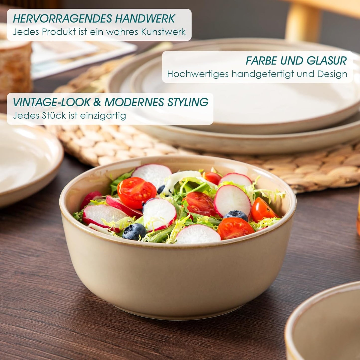 vancasso PLAYA Tafelservies voor 6 personen, 18-delig, modern, aardewerk serviesset, bevat kom, dessertborden en platte borden, vaatwasmachinebestendig, blauw Compleet assortiment servies: de moderne vancasso PLAYA serviesset voor 6 personen omvat 6 komme