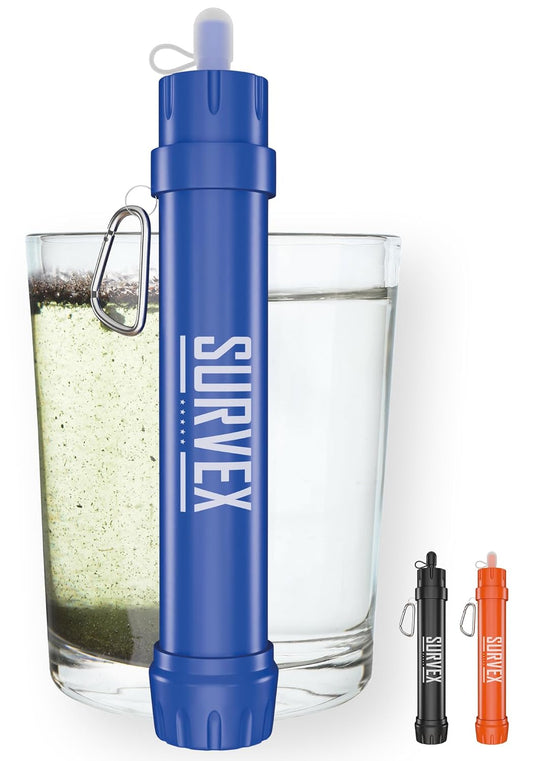 Personal Water Filter Straw Op zoek naar een betrouwbaar waterzuiveringssysteem voor kraanwater, survival en outdoor avonturen? Of voor in je noodpakket rampenrugzak? Het Survex waterfilter biedt ultra-efficiënte filtratie en verwijdert schadelijke stoffe