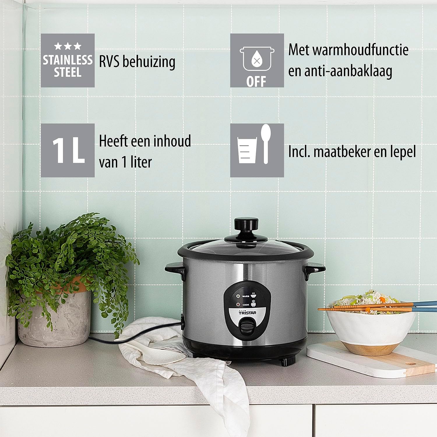 Tristar Rijstkoker – 2.2 liter – warmhoudfunctie - Silver Over dit item Mini rijstkoker met een inhoud van 0,6 liter voor 3 porties rijst. Lengte netsnoer (m): 1,1 m. Diameter: 17 cm Veilig in gebruik dankzij droogkookbeveiliging Zachte en heerlijke rijst