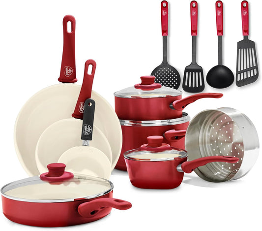 GreenLife Soft Grip Gezonde Keramische Antiaanbaklaag 16-delige Pannenset Over dit item DE POT EN PAN SET INCLUSIEF: 12 cm minikoekenpan, 18 cm en 24 cm koekenpan; 15 cm/1,1l en 18 cm/1,9l steelpan met deksel, 22 cm/4,8 kookpan met deksel, 24 cm/2,4l hapj