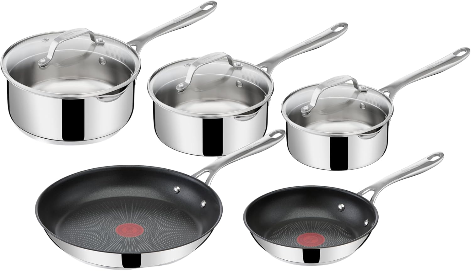Jamie Oliver Cook's Direct 5-delige pannenset Duurzame coating versterkt met titanium deeltjes, waardoor deze krasbestendig en gemakkelijker schoon te maken is Hoogwaardige pannen die veilig zijn voor het hele gezin, zonder PFOA, lood of cadmium Geschikt