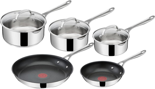 Jamie Oliver Cook's Direct 5-delige pannenset Duurzame coating versterkt met titanium deeltjes, waardoor deze krasbestendig en gemakkelijker schoon te maken is Hoogwaardige pannen die veilig zijn voor het hele gezin, zonder PFOA, lood of cadmium Geschikt