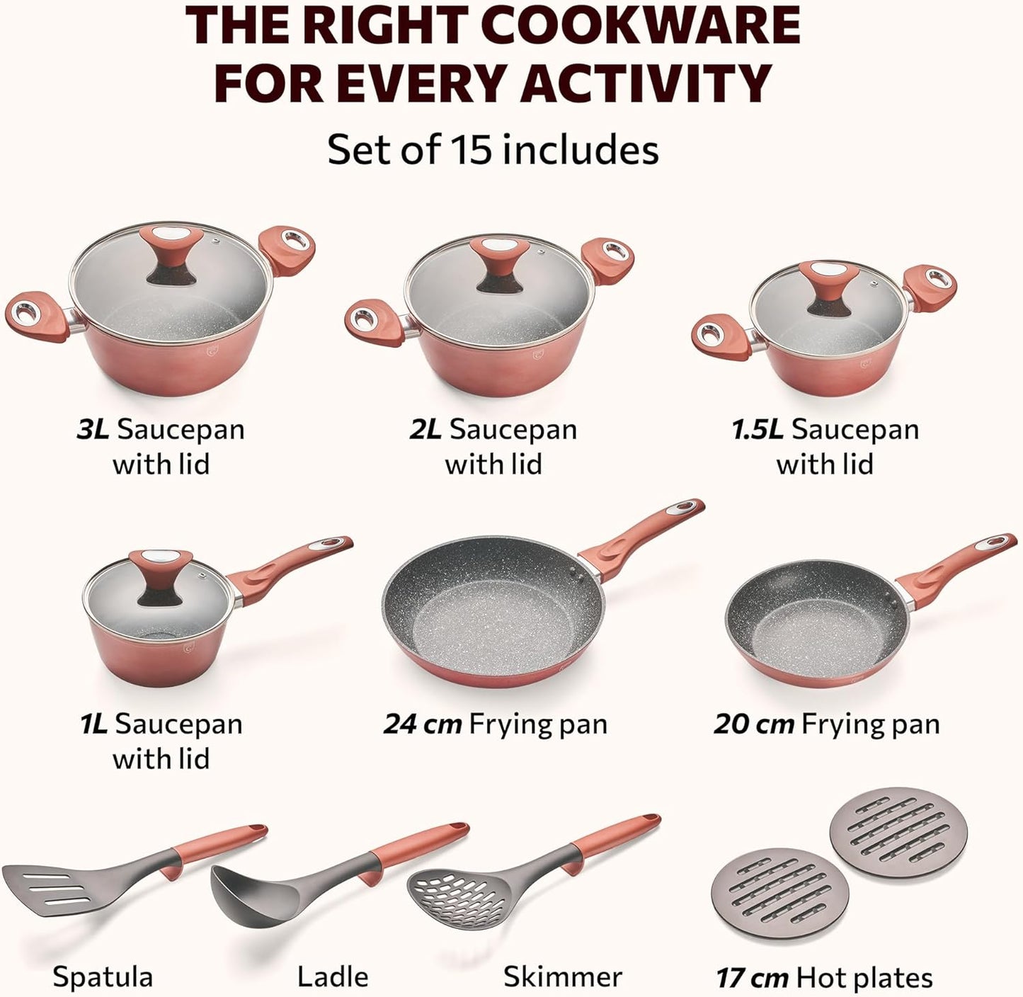 Pannenset Non Stick - 15 delige inductiekookpannenset met deksels Over dit item Uitgebreide 15-delige pannenset voor verschillende kookbehoeften: Deze uitgebreide set biedt je een breed scala aan kookgerei, waaronder pannen met deksels, een koekenpan en e