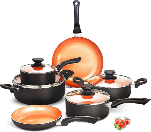 FRUITEAM 10 stks Kookgerei Set Keramische Nonstick Koekenpannenset Multifunctionele 10-delige kookgerei SetFRUITEAM keukengerei set bevat 8" & 10" koekenpan, 1,25-quart & 2-quart saus pan met deksel, 2,59 quart & 4,5-quart bouillonpot met deksel, voldoen