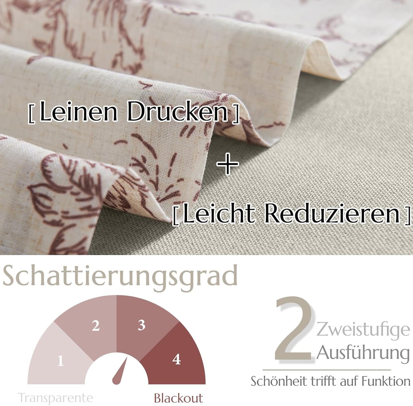 TOPICK Vitrage, linnenlook, boerderij, bloemen, klein raamgordijn, dubbellaags verduistering, korte keukengordijnen voor woonkamer, keuken, staafzak, 1 stuk, 125 x 45 cm (b x h), rood op beige Linnen gordijnen met bloem: dompel je huis onder in de seizoen