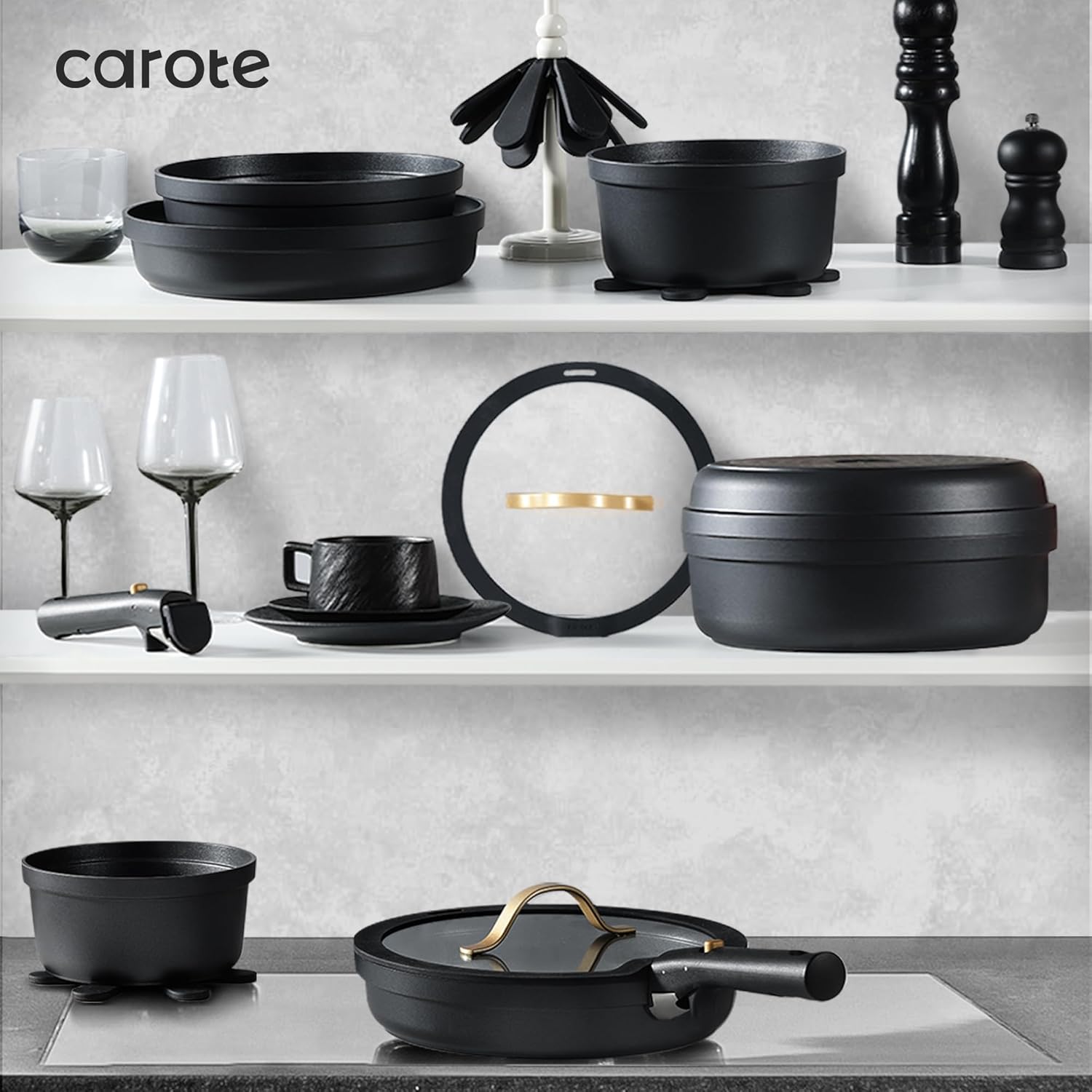 CAROTE Pannenset met afneembare handgrepen 20-delig anti-aanbak kookgerei Over dit item CAROTE Pannen/pannenset met afneembare handgrepen, pan, steelpan, wok, anti-aanbaklaag, koken, stapelbare pan, inductie, ovenbestendig, vaatwasser Voor een opgeruimde