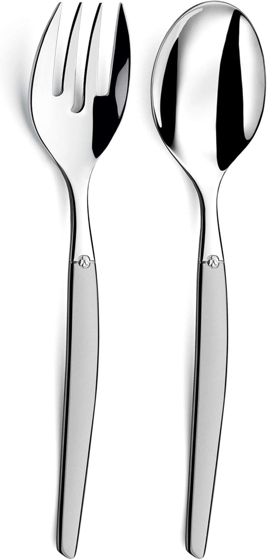 Lou Laguiole Saladebestek, slavork en lepel, gesatineerd, roestvrij staal 18/0, 2-delig Saladebestek: Set van twee JET serveerbestek met een elegante gezandstraalde afwerking. Bestaande uit een 25,5 cm grote slalepel en een saladevork van 25,4 cm is deze