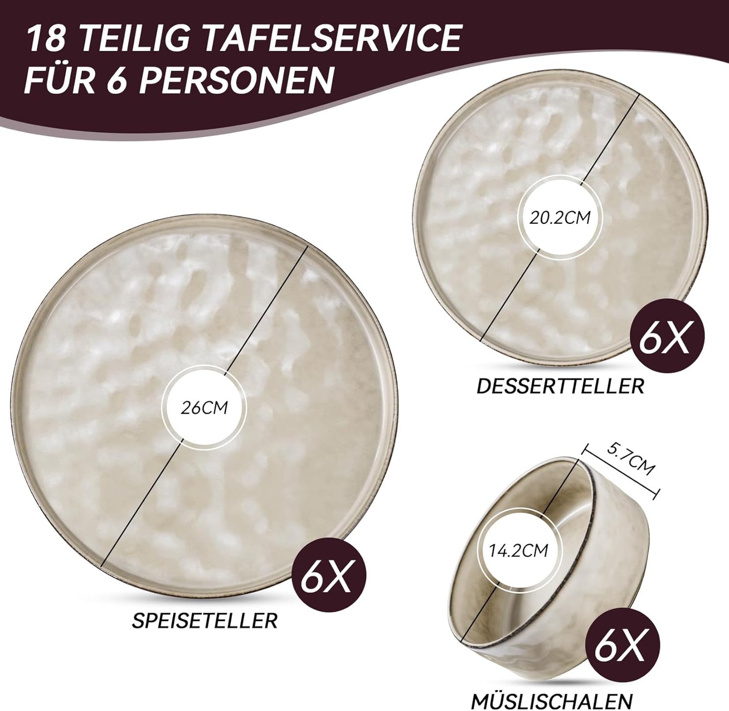 Onader Serviesset, 18-delig aardewerk, tafelserviesset, mueslikommen, platte borden en dessertborden, set voor 6 personen, anti-kras en magnetronbestendig, cappuccino kaki Onader 18-delige tafelserviesset van aardewerk is gemaakt van premium klei met reac