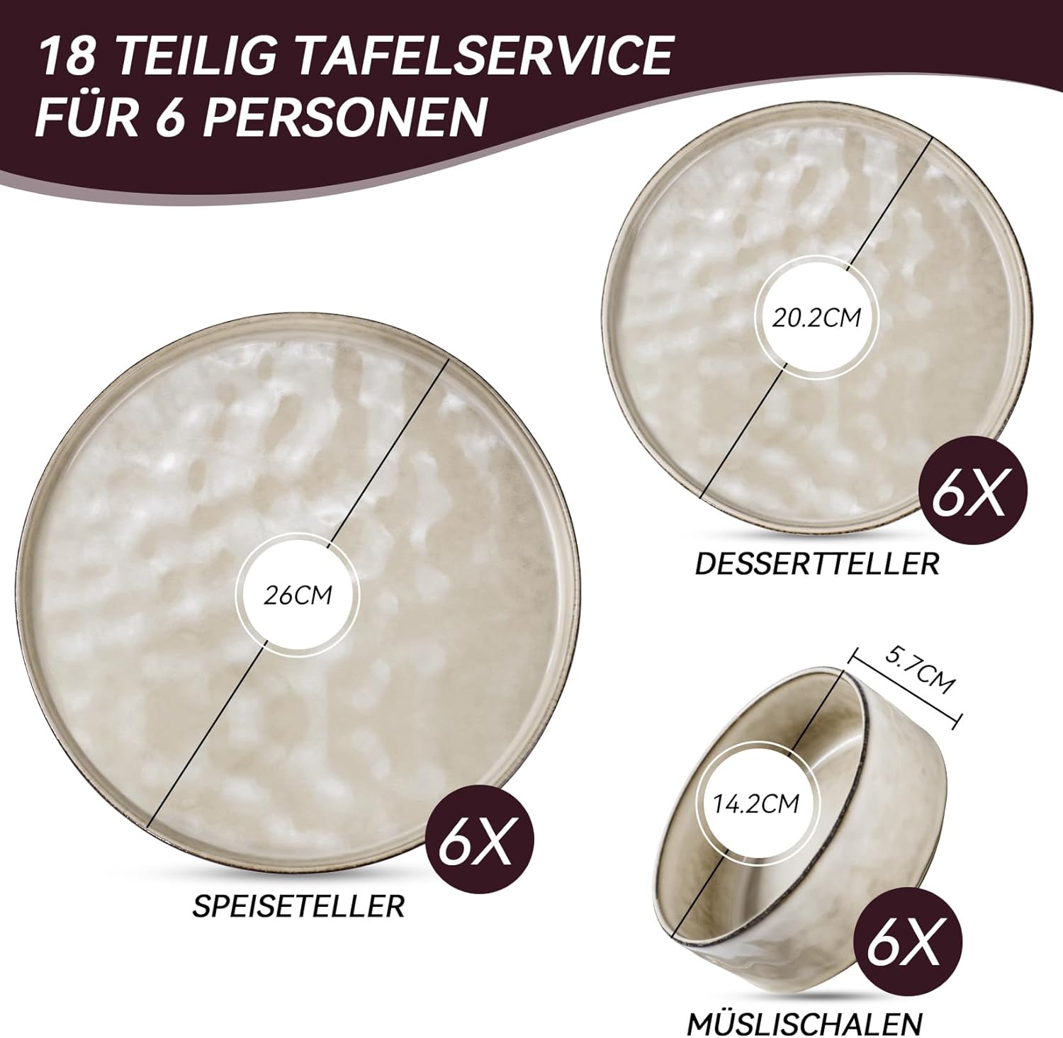 Onader Serviesset, 18-delig aardewerk, tafelserviesset, mueslikommen, platte borden en dessertborden, set voor 6 personen, anti-kras en magnetronbestendig, cappuccino kaki Onader 18-delige tafelserviesset van aardewerk is gemaakt van premium klei met reac