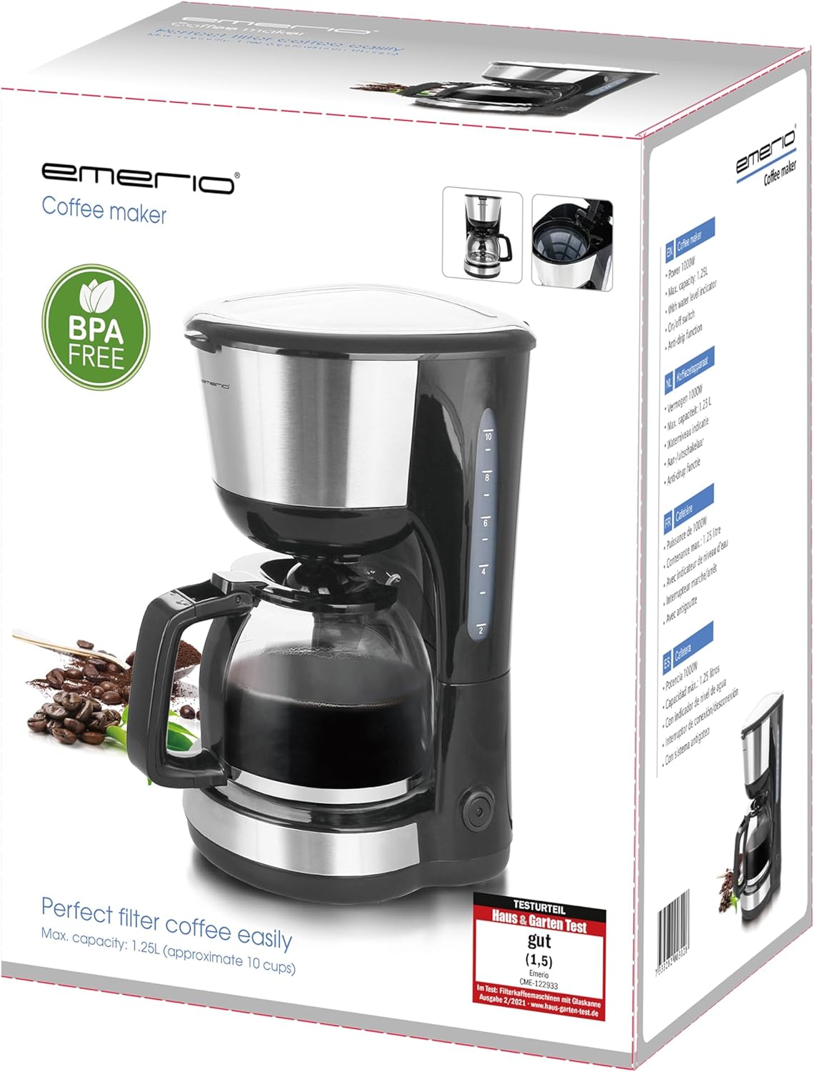 Emerio CME-122933, filterkoffiezetapparaat Compact design: filterkoffiezetapparaat met glazen kan voor ca. 10 kopjes Individueel koffiegenot: volledige aroma-ontwikkeling dankzij optimale zettemperatuur, voor volledig genot en warme koffie Eenvoudig in ge