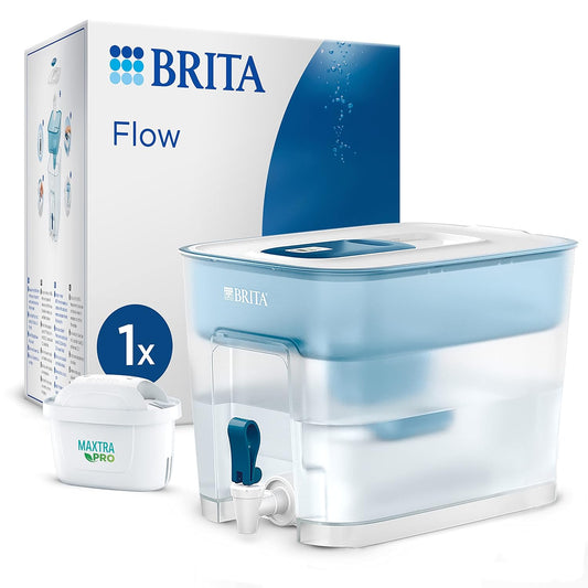 BRITA Flow waterfiltersysteem Cool Blue 8.2 liter Ideaal systeem met XXL capaciteit voor huishoudens of op kantoren: past in de koelkast of op het aanrecht, met handig tapkraantje, eenvoudig te vullen via schuifdeksel, BPA-vrij en vaatwasmachinebestendig