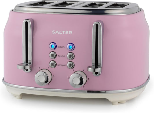 Salter Retro 4-Sneden Broodrooster – Brede Gleuven 6 Bruiningsniveaus Over dit item BROODROOSTER MET BREDE SLEUF 4 SNEETJES: Geeft u de voorkeur aan geroosterde bagels of beschuitbollen boven brood? Deze broodrooster voor 4 sneetjes biedt plaats aan maxim