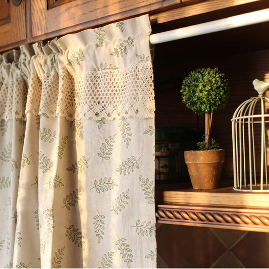 A.Monamour Beige katoen linnen groen blad retro rustieke boerderij land staaf zak ondoorzichtig kort gordijn voor kleine raamgordijnen raambehandeling volant tinten voor keuken café badkamer Productbeschrijving De gordijnen kunnen licht filteren, privacy