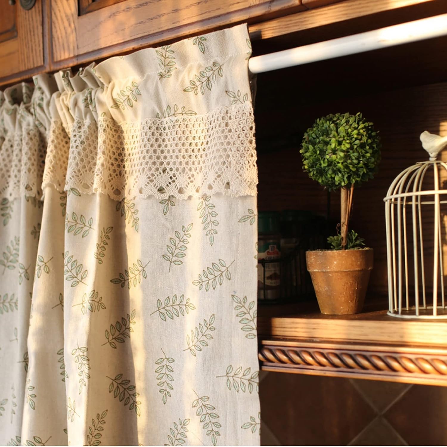 A.Monamour Beige katoen linnen groen blad retro rustieke boerderij land staaf zak ondoorzichtig kort gordijn voor kleine raamgordijnen raambehandeling volant tinten voor keuken café badkamer Productbeschrijving De gordijnen kunnen licht filteren, privacy