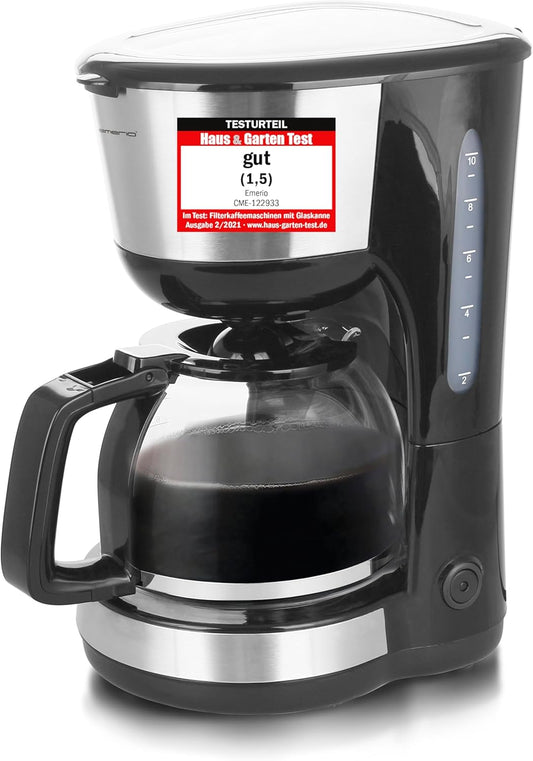 Emerio CME-122933, filterkoffiezetapparaat Compact design: filterkoffiezetapparaat met glazen kan voor ca. 10 kopjes Individueel koffiegenot: volledige aroma-ontwikkeling dankzij optimale zettemperatuur, voor volledig genot en warme koffie Eenvoudig in ge