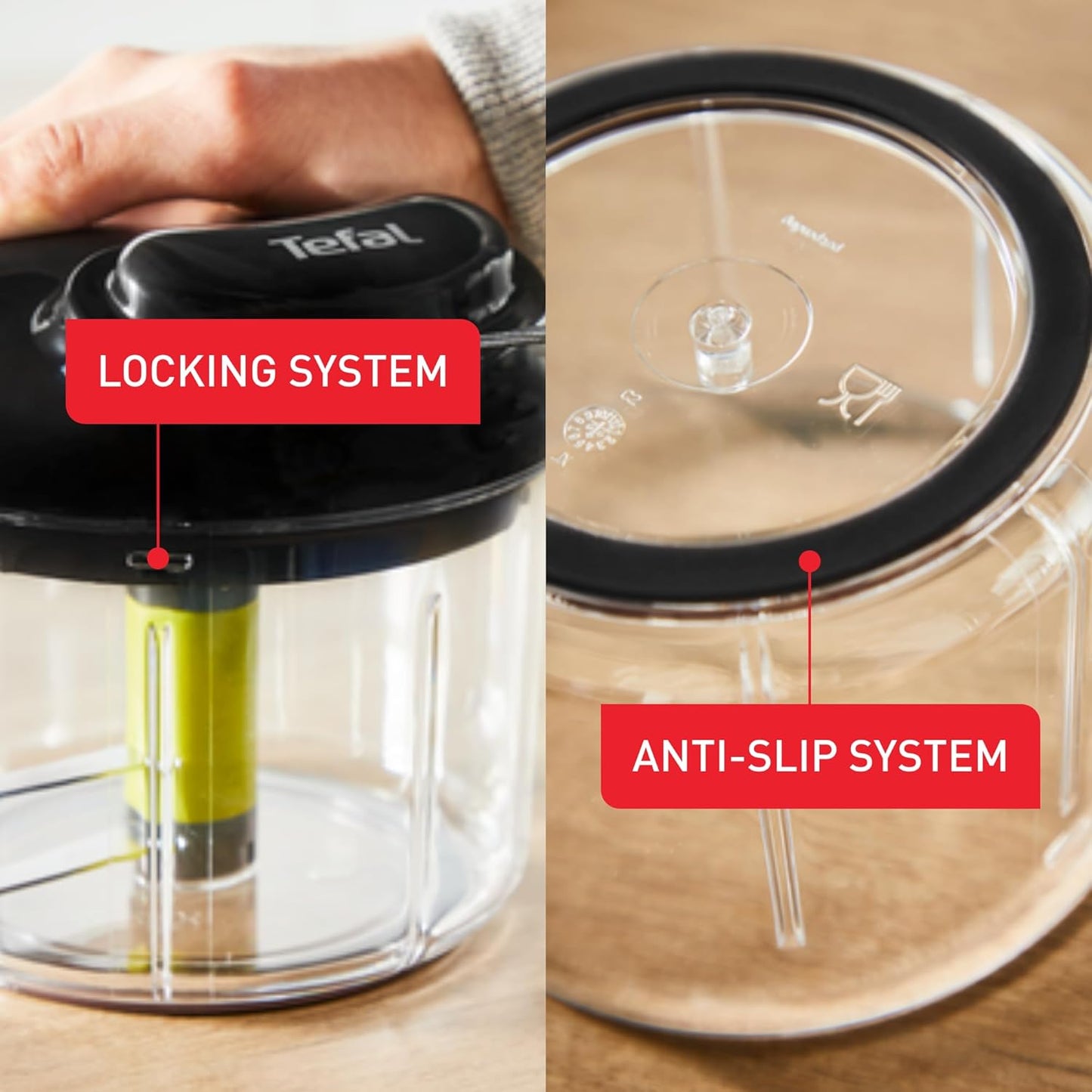 Tefal 5 second Chopper handmatige hakmolen Boostsysteem: perfect resultaat in een handomdraai Hakt alle soorten voedsel dankzij ultra-resistente RVS messen Veilige vergrendeling Heldere kristallen kom om de snijgrootte direct te zien Zachte en ergonomisch