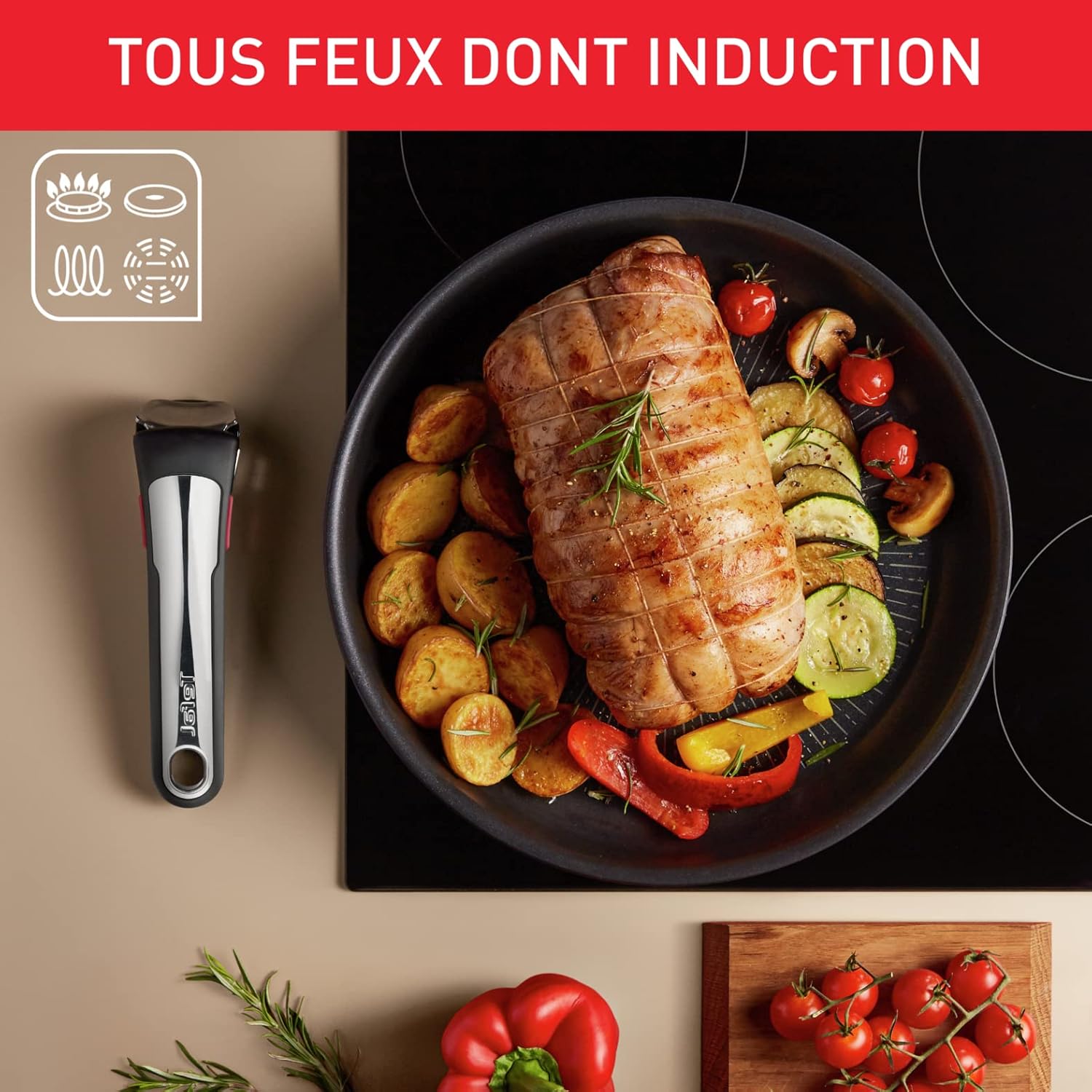 Tefal Ingenio Crêpepan 27 cm, inductie, antiaanbaklaag INGENIO Het is veel meer dan een pan: je kunt op de bakplaat bakken, je recepten in de oven gratineren en restjes in de koelkast bewaren Inhoud: pannenkoekenpan met antiaanbaklaag, 27 cm Ruimtebespare