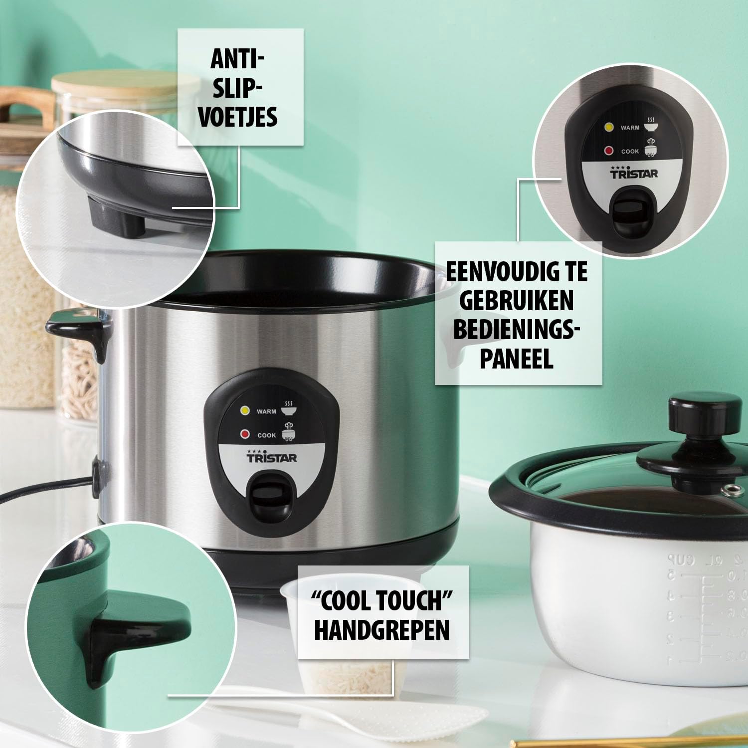 Tristar Rijstkoker – 2.2 liter – warmhoudfunctie - Silver Over dit item Mini rijstkoker met een inhoud van 0,6 liter voor 3 porties rijst. Lengte netsnoer (m): 1,1 m. Diameter: 17 cm Veilig in gebruik dankzij droogkookbeveiliging Zachte en heerlijke rijst