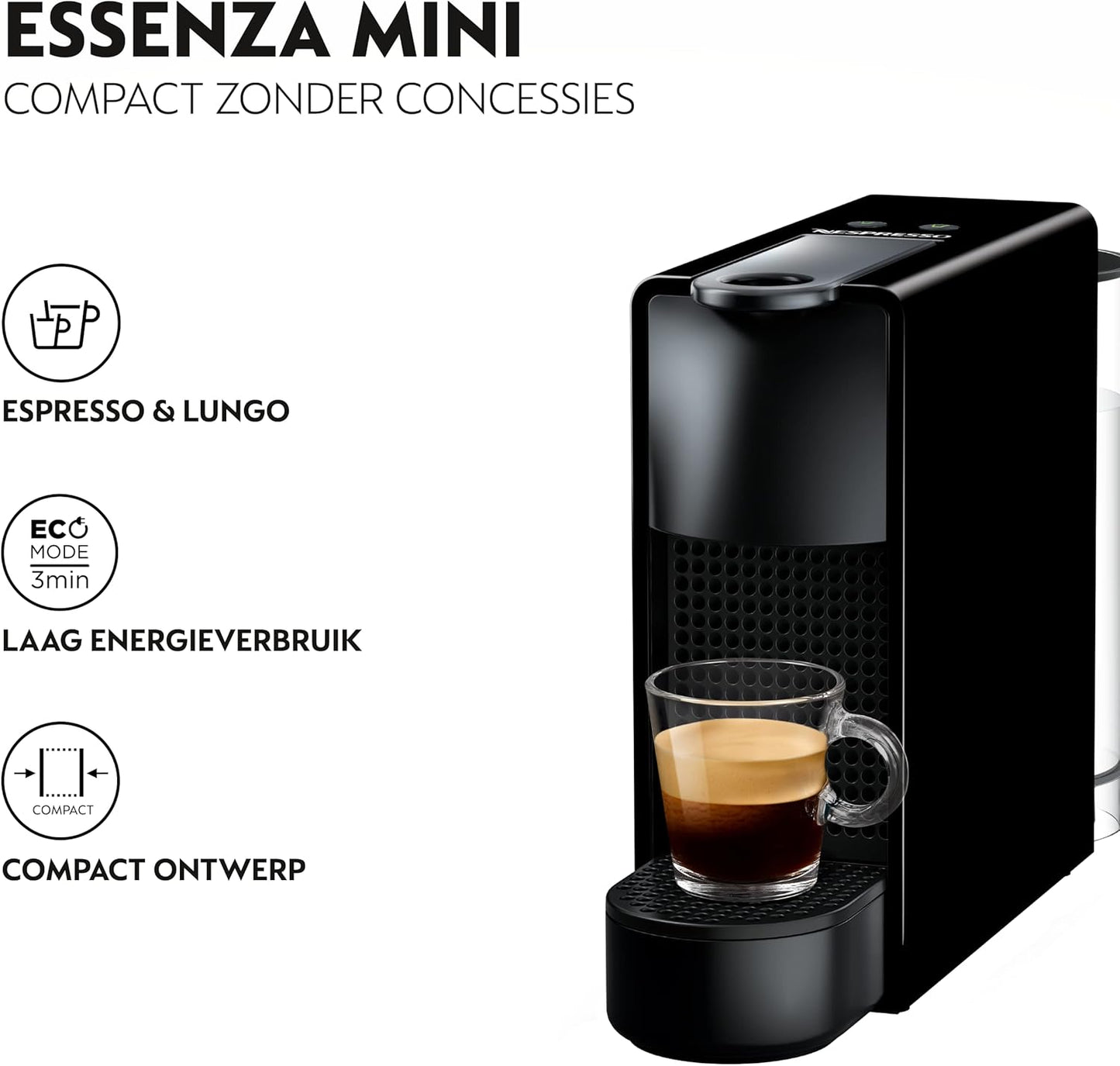 Nespresso Krups Essenza Mini XN1108 koffiecupmachine, 0,6 liter, 19 bar, Energiebesparende modus, Zwart Het koffiezetapparaat voor eenmalig gebruik met een ultracompact modern ontwerp voor maximaal comfort, dat zo min mogelijk ruimte inneemt met een afmet