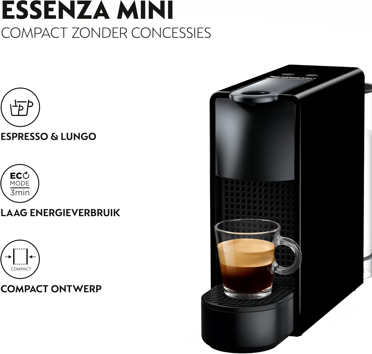Nespresso Krups Essenza Mini XN1108 koffiecupmachine, 0,6 liter, 19 bar, Energiebesparende modus, Zwart Het koffiezetapparaat voor eenmalig gebruik met een ultracompact modern ontwerp voor maximaal comfort, dat zo min mogelijk ruimte inneemt met een afmet