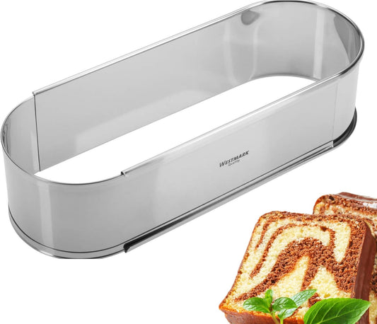 Westmark Ovale bakvorm, uitschuifbaar, roestvrij staal, zilver, 31352260 Ovale bakvorm zonder bodem; uittrekbaar van ca. 27 tot 40 cm; voor mooi gevormde broden, stollen of apfelstrudels Gelijkmatige vorm, voorkomt uiteenvallen van deeg; gemakkelijk losma