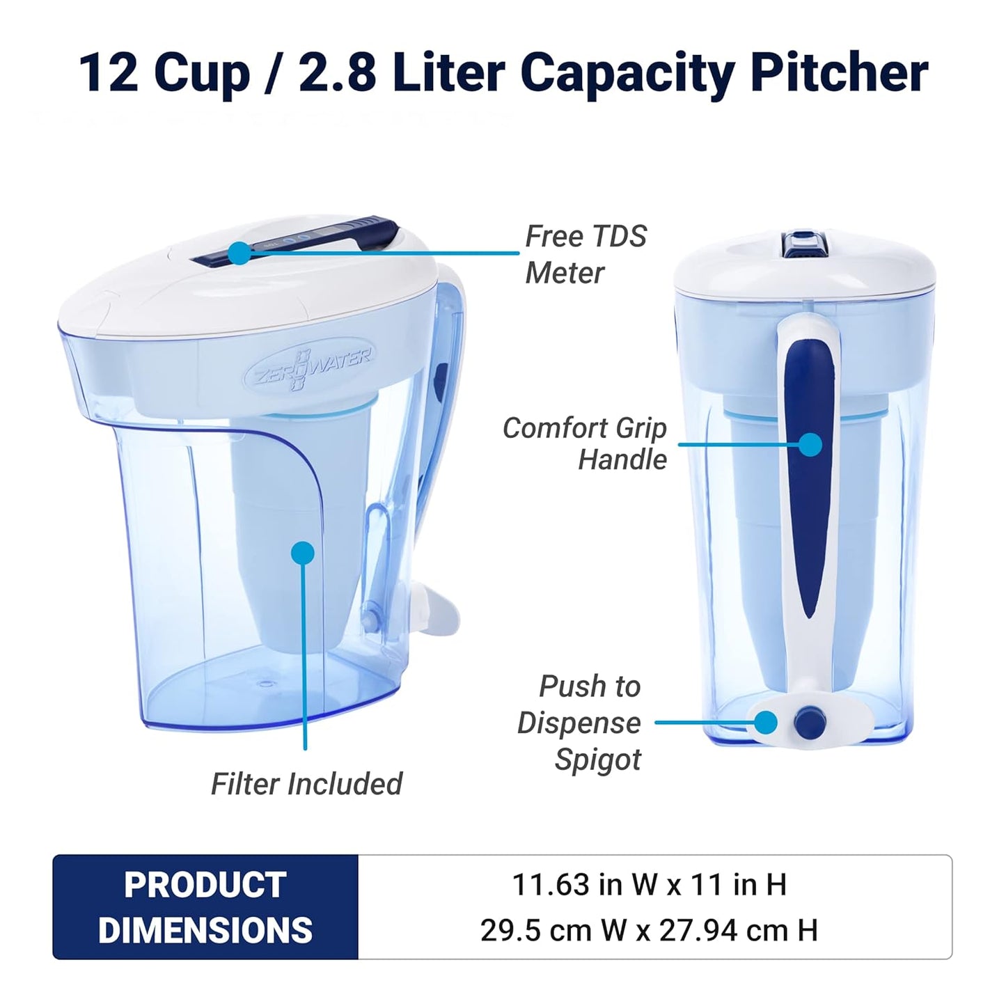 ZeroWater waterfilteringskan voor 12 kopjes 2,8 L Gefilterd water kan: De 5-fasen waterfilter kan van 2,8 L past bij je actieve levensstijl, met zijn ruimtebesparende ontwerp past hij perfect in compacte of kleine koelkasten Premium gezuiverd water in 5 f