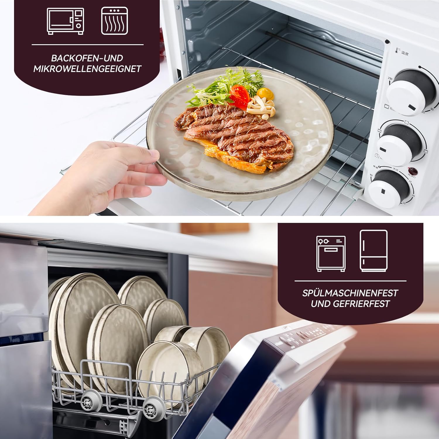 Onader Serviesset, 18-delig aardewerk, tafelserviesset, mueslikommen, platte borden en dessertborden, set voor 6 personen, anti-kras en magnetronbestendig, cappuccino kaki Onader 18-delige tafelserviesset van aardewerk is gemaakt van premium klei met reac