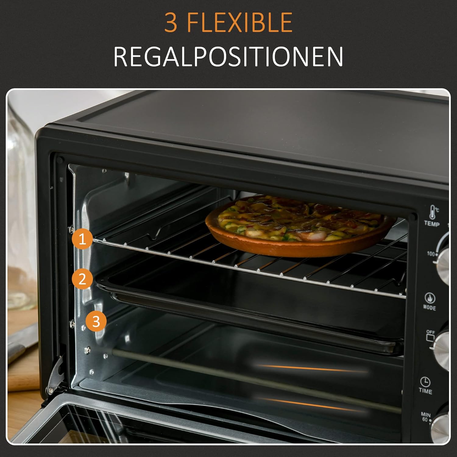 HOMCOM Mini Backoven 21L Pizza-Oven Individuell einstellbare Kocherlebnisse: Mit einer Temperaturwahl von 100 °C bis 230 °C und einem einstellbaren Timer des Tischbackofens bis zu 60 Minuten können Sie jedes Gericht genau nach Ihren Wünschen zubereiten. O