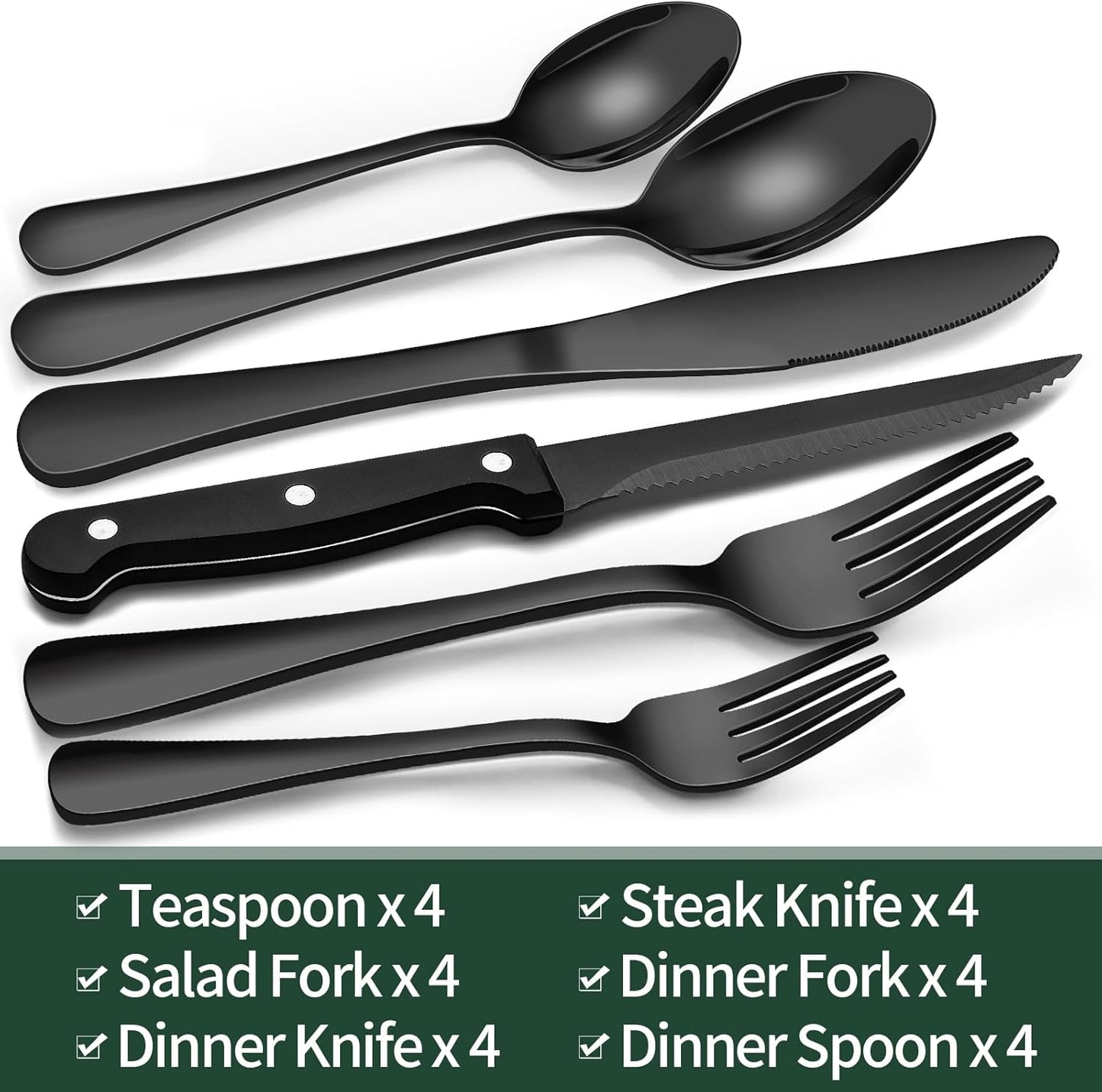 24-delige set zwarte zilverproducten met steakmessen voor 4 personen Over dit item Verhoog uw eetervaring met onze EWFEN 24-delige zwarte zilverwerkset, ontworpen voor 4 couverts. Deze set bevat 4 dinervorken, 4 slavorken, 4 eetlepels, 4 dessertlepels, 4