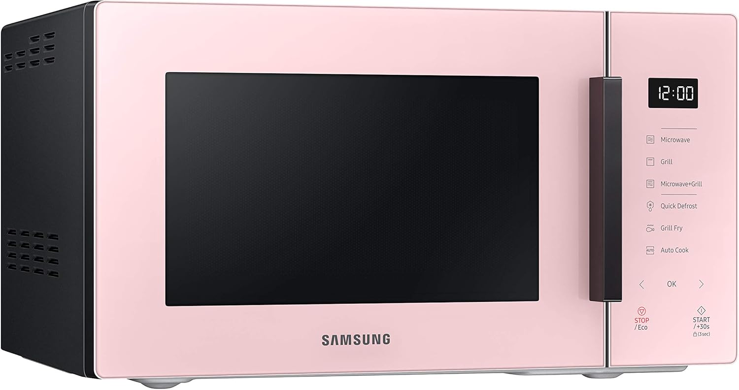 Samsung MG23T5018CP/ET Design AirFry, magnetron + grill 800 W + 1100 W, 23 l, 49 l x 27,5 h x 38 p, poeder Porseleinen gekleurd glasontwerp, aanraakpaneel dat bij je keuken past als een designelement. Samsung heeft een magnetron met een kleurrijk design g