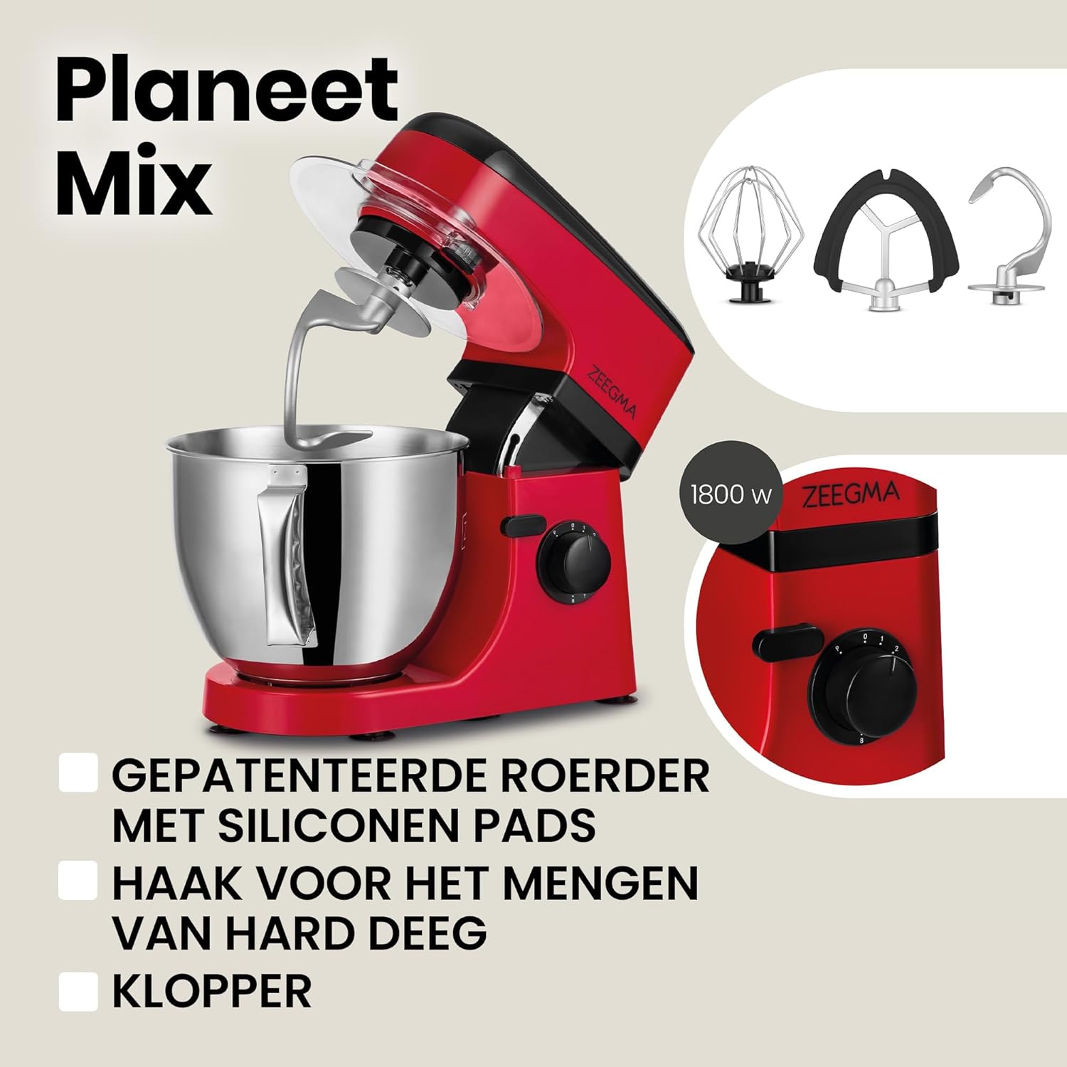 Zeegma Planeet Chef - 2200W Keukenmachine, 6,5L Misa, 7 Snelheden, Pulse Functie, Teflon Gecoate Accessoires, Vaatwasserbestendig GROTE 6,5L MENGKOM MET ANTISPUITSCHERM De ruime mengkom van 6,5 liter is perfect voor grote hoeveelheden deeg of beslag, terw