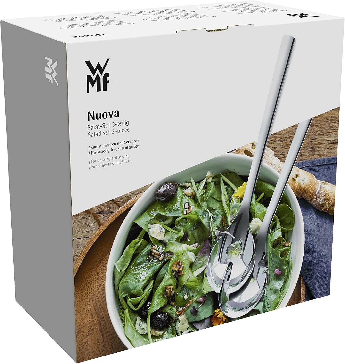 WMF Nuova Saladecouvert 30cm, 2-delig, Saladevork & lepel Cromargan: 18/10 roestvrij staal: Het bestek is uitermate duurzaam, vormvast, hygiënisch, zuurbestendig en zeer goed bestand tegen gebruikerssporen. Vaatwasmachinebestendig Lengte van 30 cm Inhoud: